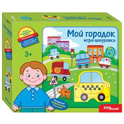 Арт.89817 Развивающая игра из дерева "Мой городок" (Игра-шнуровка)