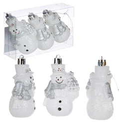 Н-р из 3 пластиковых украшений Снеговик 8,2-5,3 см, цвет бел+серебро/ПВХ кор