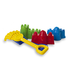 Арт.15561 Песочный набор №2 (совок, грабли, 3 формочки крепость)