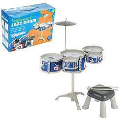 Барабанная установка (5 барабанов:диам 21, 16 и 12  см) , со стулом, синий, в кор.