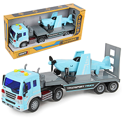 Автовоз с самолетом BLUE TRANSPORT TRUCK 1:16, фрикц.механизм, со зв. и св.