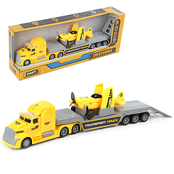 Автовоз с самолетом YELLOW TRANSPORT TRUCK 1:50, фрикц.механизм, со зв. и св.