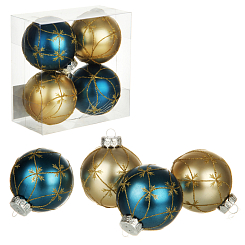Н-р из 4 пластиковых шаров с рисунком 8 см, синий+золото/ПВХ кор